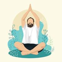 Man Meditating sitting in lotus pose among the leaves. Character in Faceless style. Concept illustration for Yoga, Meditation, relax, healthy lifestyle and sports activities. Vector illustration.