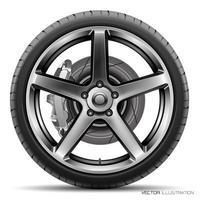 estilo de neumático de coche de rueda de aluminio carreras con freno de disco sobre vector de fondo blanco