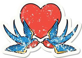 distressed sticker tattoo in traditional style of swallows and a heart vector