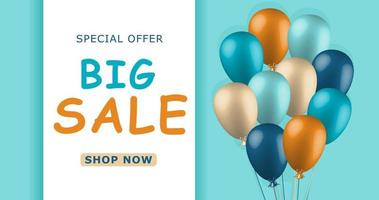 Big Sale banner with bunch of 3d balloons. Blue and orange colours. Horizontal layout. Vector illustration.