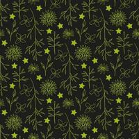 Seamless pattern with bright green flowers and branches on black background. Vector image.