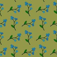 Seamless pattern with flowers forget-me-not on cozy green background. Vector image.
