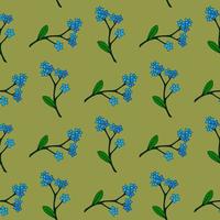 Seamless pattern with flowers forget-me-not on cozy green background. Vector image.