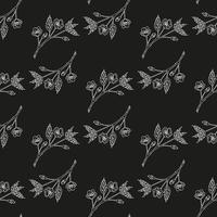 Seamless pattern with white branches with sakura flowers on black background. Vector image.