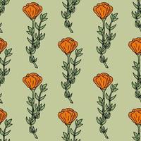 Seamless pattern with orange flowers on light green background. Vector image.