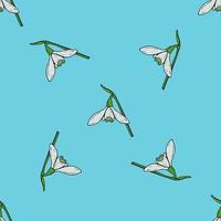Seamless pattern with snowdrops on blue background. Vector image.