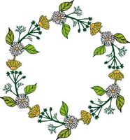 Wreath with chamomile, yellow flowers and leaves on white background. Vector image.