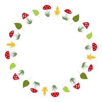 Round frame with amanita muscaria and autumn leaves on white background. Vector image.