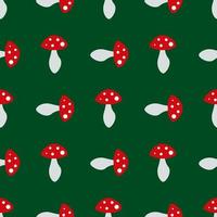 Seamless pattern with amanita muscaria on dark green background. Vector image.