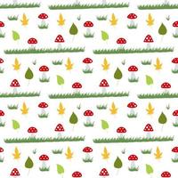 Seamless pattern with creative amanita muscaria and autumn leaves on white background. Vector image.