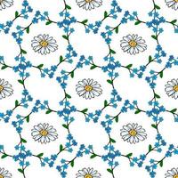 Seamless pattern with chamomile and forget-me-not flowers on white background. Vector image.