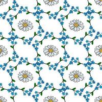 Seamless pattern with chamomile and forget-me-not flowers on white background. Vector image.