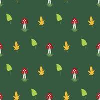 Seamless pattern with cozy amanita muscaria and autumn leaves on dark green background. Vector image.