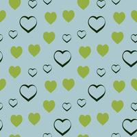 Seamless pattern with green hearts on light blue background. Vector image.