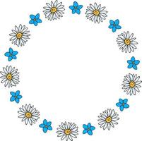 Round frame with great flowers forget-me-not and chamomile on white background. Vector image.