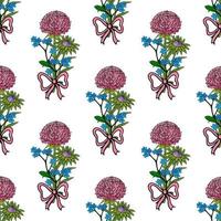 Seamless pattern with aster flowers, forget-me-not and pink ribbon on white background. Vector image.