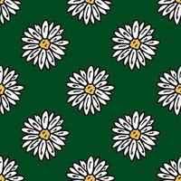Seamless pattern with awesome chamomile on dark green background. Vector image.