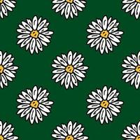 Seamless pattern with awesome chamomile on dark green background. Vector image.