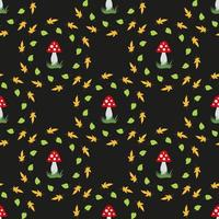 Seamless pattern with beautiful amanita muscaria and autumn leaves on black background. Vector image.