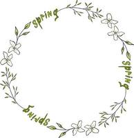 Wreath with doodle white flowers and text spring on white background. Vector image.