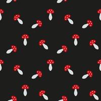 Seamless pattern with amanita muscaria on black background. Vector image.