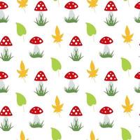 Seamless pattern with amanita muscaria and autumn leaves on white background. Vector image.