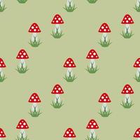 Seamless pattern with amanita muscaria on light green background. Vector image.