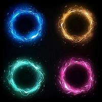 Four Color Lightning Rings with sparks effect, 4 isolated sets. Vector