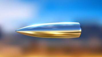 Realistic flying bullet with reflection on blurred savanna background. Vector illustration