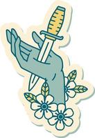 sticker of tattoo in traditional style of a dagger in the hand vector