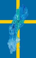 esquema del mapa de suecia con la imagen de la bandera nacional. hielo dentro del mapa. collage. crisis de energía. foto