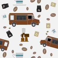 Editable Side View Mobile Coffee Van Shop With Brewing Equipment Vector Illustration Seamless Pattern in Flat Style for Creating Background of Cafe Related Concept Purposes