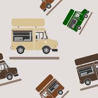 Editable Side View Mobile Food Truck Vector Illustration Seamless Pattern in Flat Style for Creating Background of Vehicle or Food and Drink Business Related Design