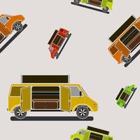 Editable Two Doors Mobile Food Truck Vector Illustration Seamless Pattern in Flat Style for Creating Background of Vehicle or Food and Drink Business Related Design