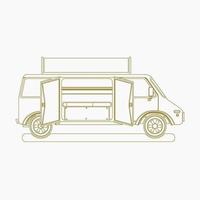 Editable Side View Two Doors Mobile Food Truck Vector Illustration With Sign Board in Outline Style for Artwork Element of Vehicle or Food and Drink Business Related Design