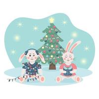 lindos conejitos sentados con guirnaldas y caja de regalo cerca del árbol de navidad. tarjeta de felicitación de navidad. vector