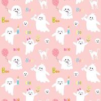 Seamless halloween pattern with cute pink ghosts, boo quote, white cat and skull. Pink childish print for wrapping and textile. vector