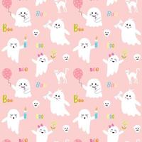 Seamless halloween pattern with cute pink ghosts, boo quote, white cat and skull. Pink childish print for wrapping and textile. vector