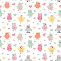 Cute owls in warm clothes and hearts seamless pattern. Scandinavian boho print. vector