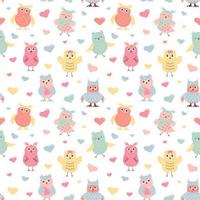 Cute owls in warm clothes and hearts seamless pattern. Scandinavian boho print. vector