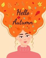 Beautiful red girl in a warm sweater with autumn leaves and twigs in her hair. Hello autumn quote. Colorful portrait of female fall character. vector