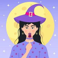 chica bruja en un sombrero de halloween con piruleta. hermoso personaje femenino de halloween frente a la luna. retrato mágico de mujer joven.