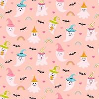 Seamless pattern with cute pink halloween ghost, bats, rainbows and hearts. Creepy baby boo characters print for textile and wrapping. vector