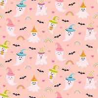 Seamless pattern with cute pink halloween ghost, bats, rainbows and hearts. Creepy baby boo characters print for textile and wrapping. vector