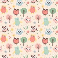 Seamless pattern with cute owls, trees and flowers. Scandinavian boho print for textile and wrapping. vector