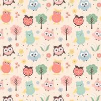 Seamless pattern with cute owls, trees and flowers. Scandinavian boho print for textile and wrapping. vector