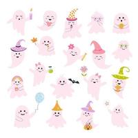 Cute pink halloween ghosts set. Creepy baby boo characters for kids. Magic scary spirits with different emotions, facial expressions and accessories. Perfect for holiday, decoration, stickers, icons. vector