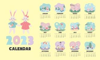 Printable vertical monthly design calendar for 2023 with cute couple of bunnies in love. The product includes 12 pages for each month of the year and cover. Week starts from Sunday. vector