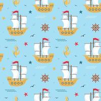 Seamless pattern with sailboat, anchor, steering wheel, starfish, waves, bubbles and seagulls. Nautical print for fabric and wrapping paper. vector