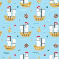 Seamless pattern with sailboat, anchor, steering wheel, starfish, waves, bubbles and seagulls. Nautical print for fabric and wrapping paper. vector